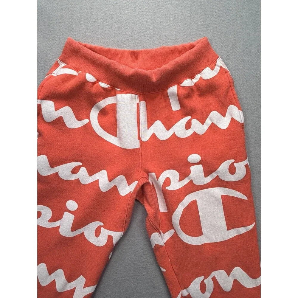 Champion Reverse Weave Giant Script Jogger Pants Orange White Size M